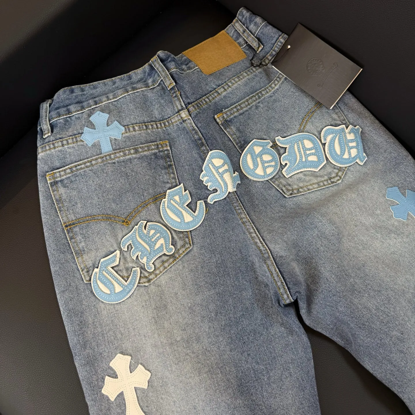P280 Style number: D316 Chrome Hearts washed blue leather jeans Size# 28 30 32 34